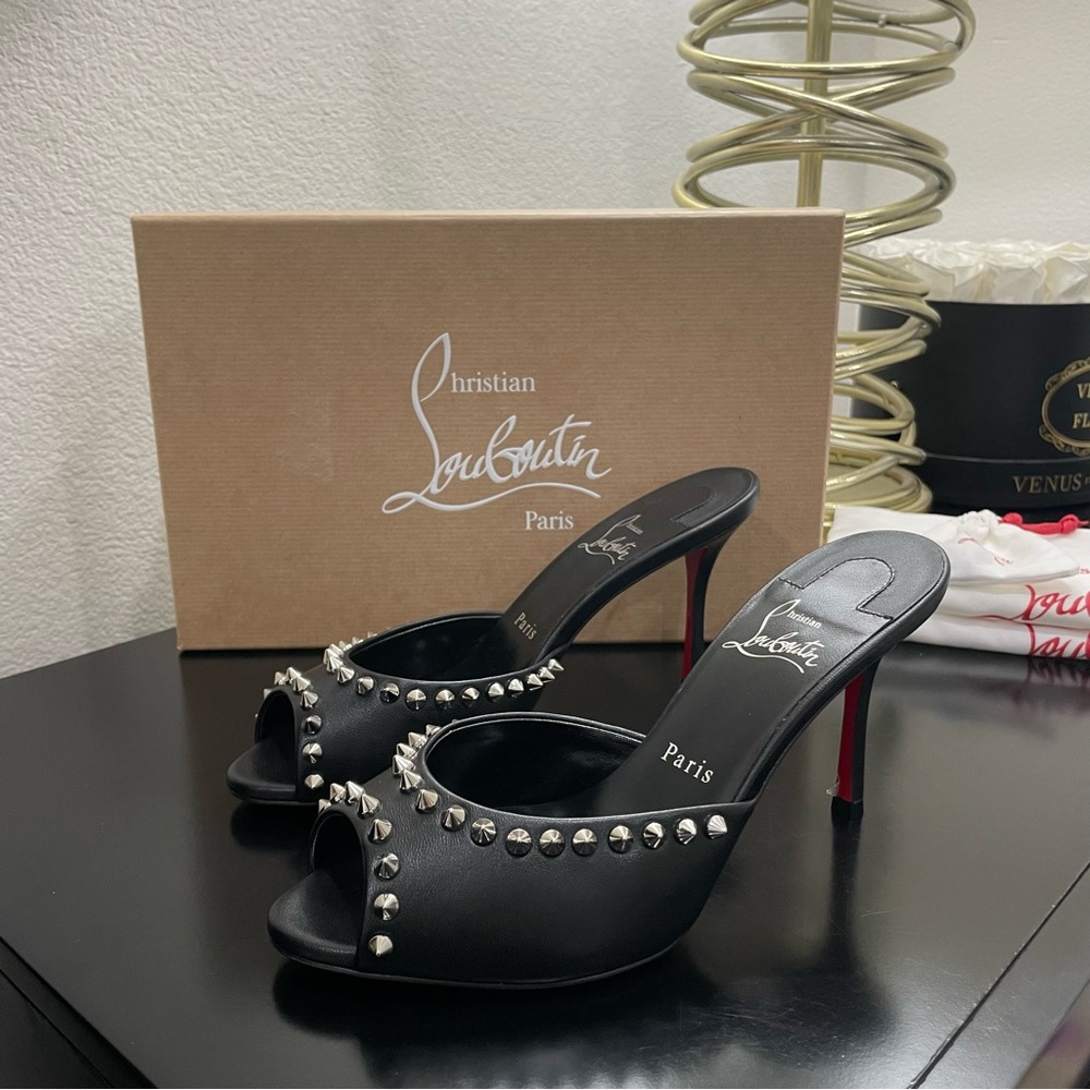 Christian Louboutin Me Dolly 85 Studded Spike Leather Mule Sandal Black 36.5